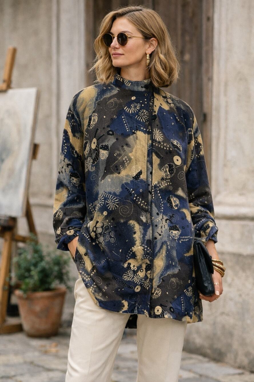 VTG 90s Laurèl Escada Italian Wool Graphic Tunic Jacket — 36 Lagenlook Eccentric